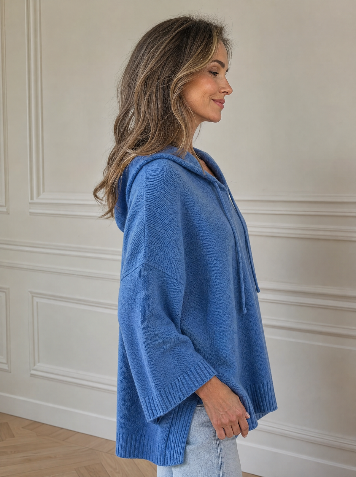 Casual Loose Fit Hooded Knit Sweater with Ribbed Hem - side