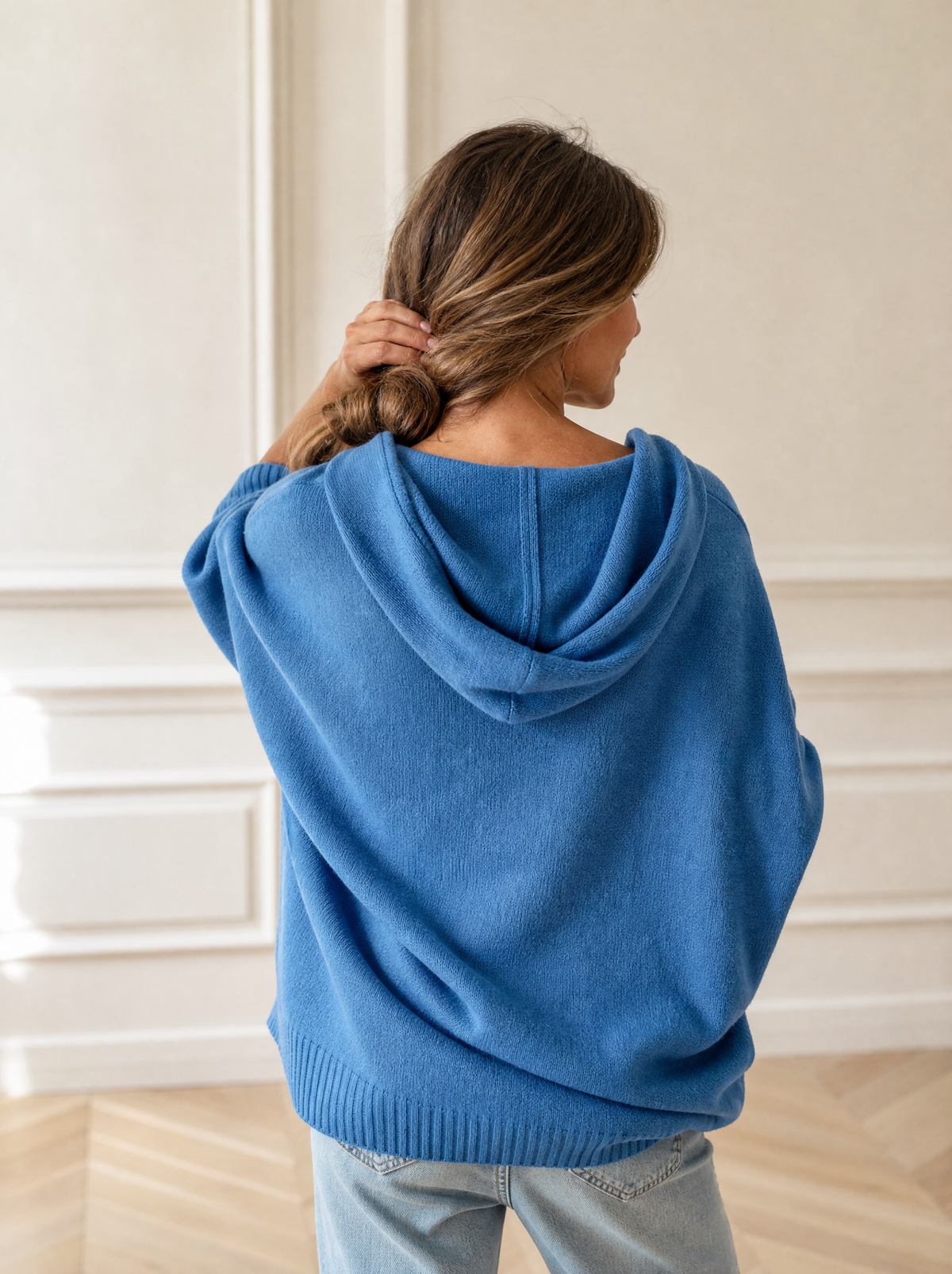 Casual Loose Fit Hooded Knit Sweater with Ribbed Hem - back