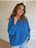 Casual Loose Fit Hooded Knit Sweater with Ribbed Hem - front