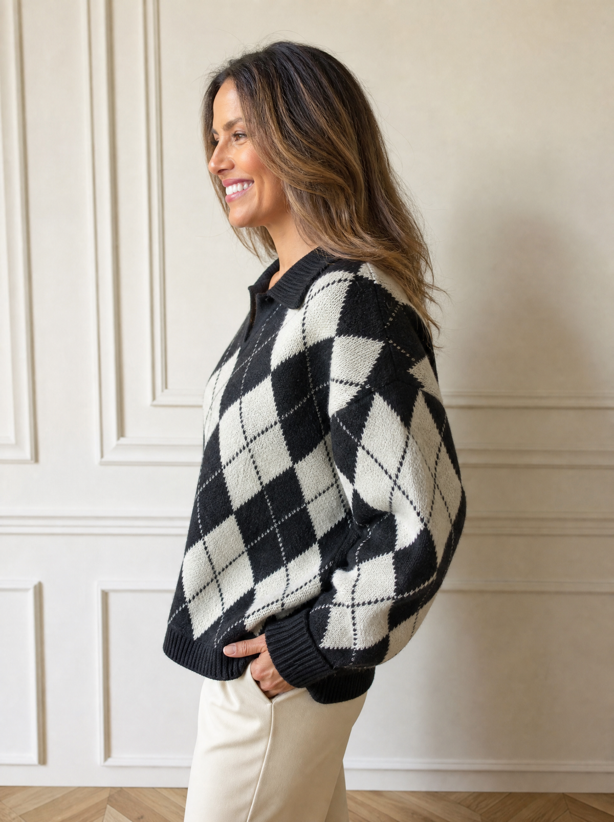 Argyle Pattern Collared Pullover Sweater - side