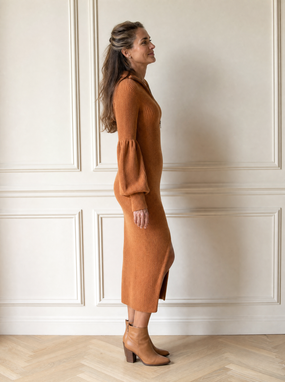 Ribbed Knit Quarter-Zip Lantern Sleeve Sweater Dress - side