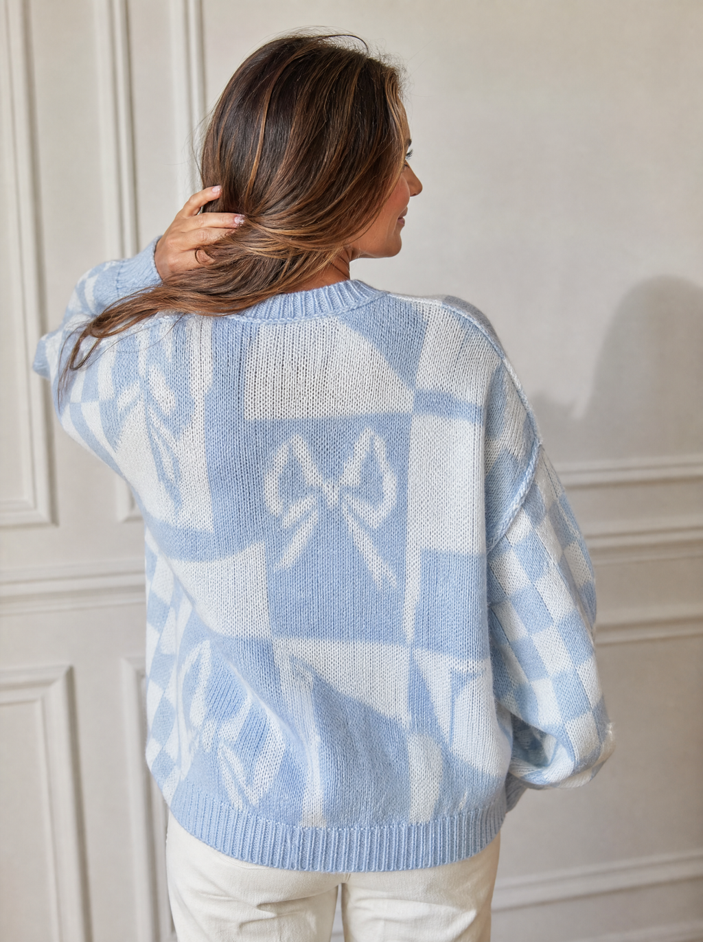 Checkerboard Bow Pattern Dropped Shoulder Sweater - back