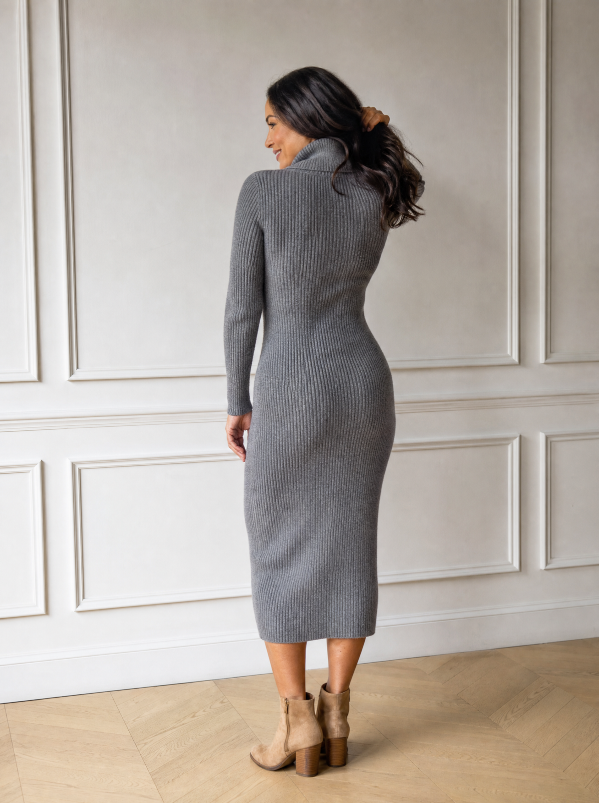 Ribbed Knit V-Neck Sweater Dress - back