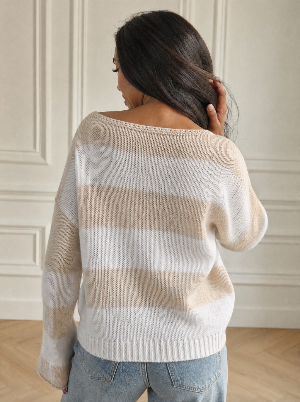 Striped Knit Boat Neck Sweater - back