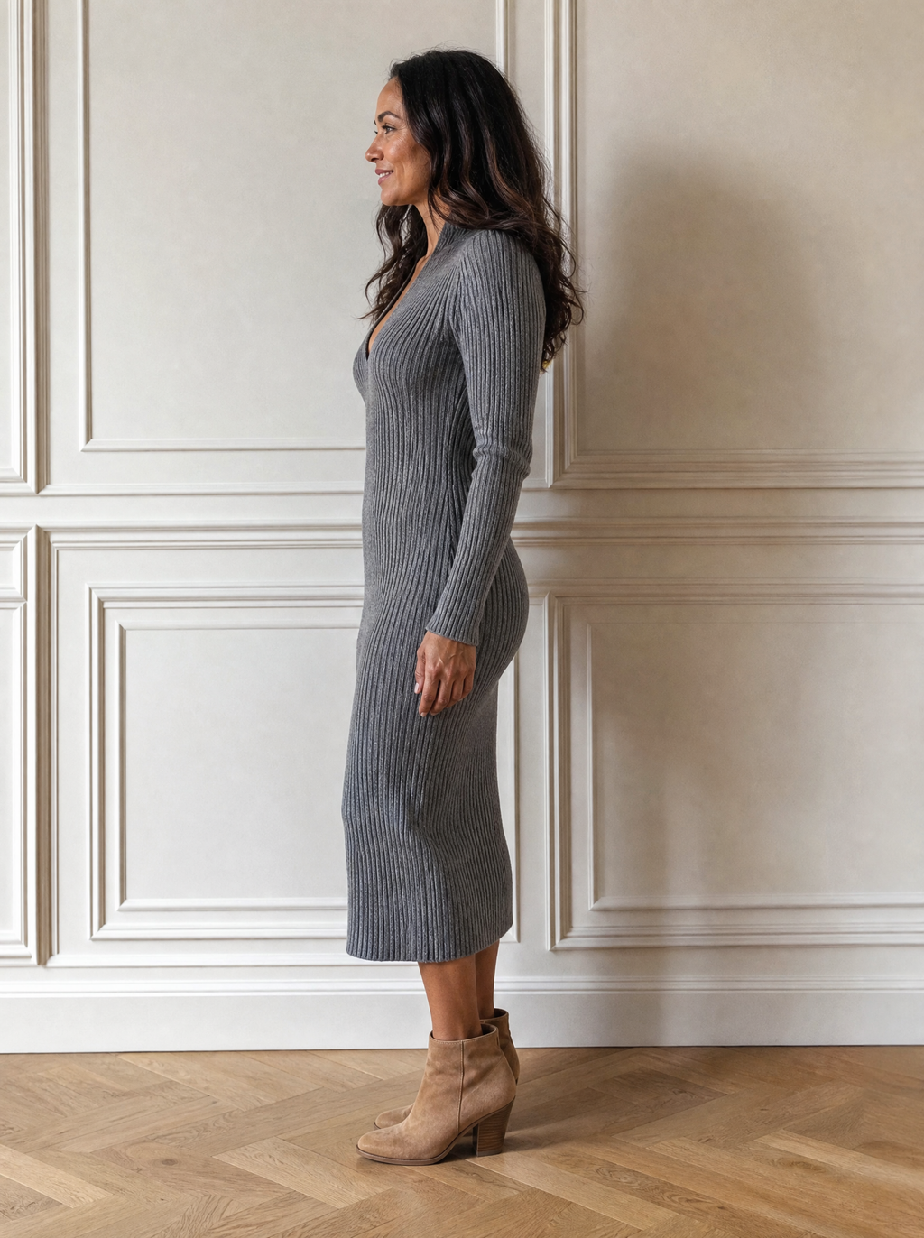 Ribbed Knit V-Neck Sweater Dress - side