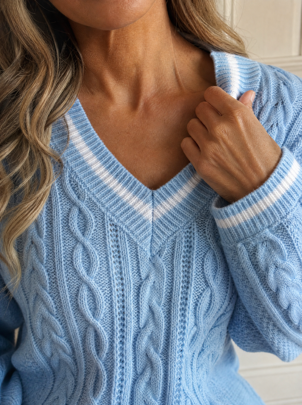 V-Neck Cable Knit Sweater with Striped Trim - detail