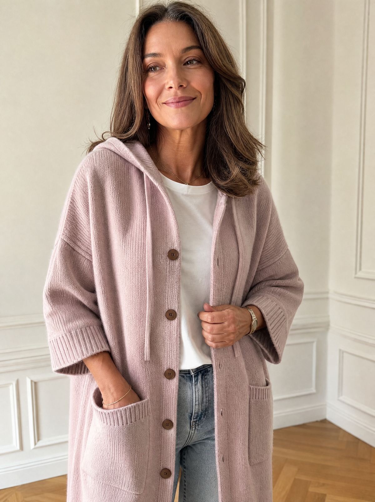 Hooded Button-Down Knit Cardigan with Pockets - front