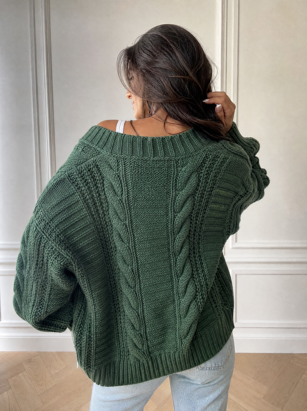 Cable Knit V-Neck Button-Down Cardigan - back