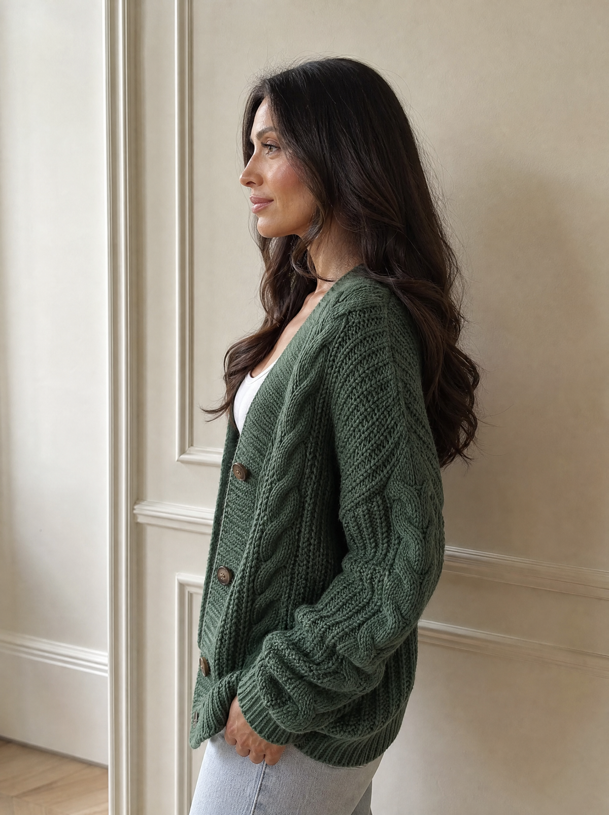 Cable Knit V-Neck Button-Down Cardigan - side