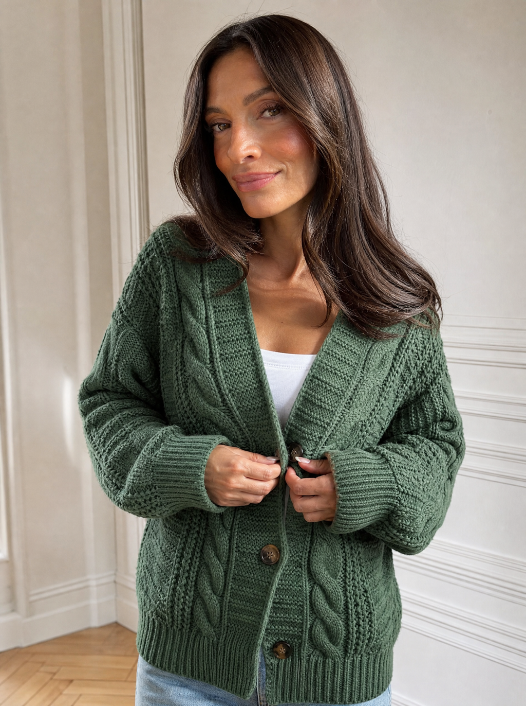 Cable Knit V-Neck Button-Down Cardigan - front