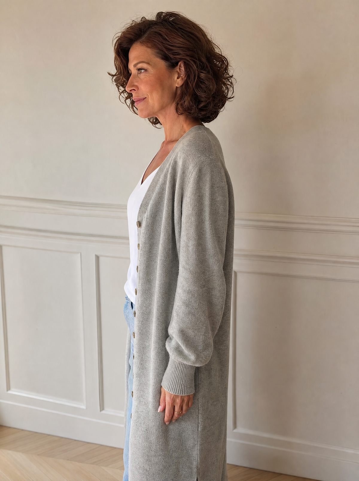 Elegant Longline Button-Front Cardigan with Lantern Sleeves - side