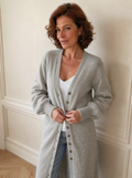 Elegant Longline Button-Front Cardigan with Lantern Sleeves - front