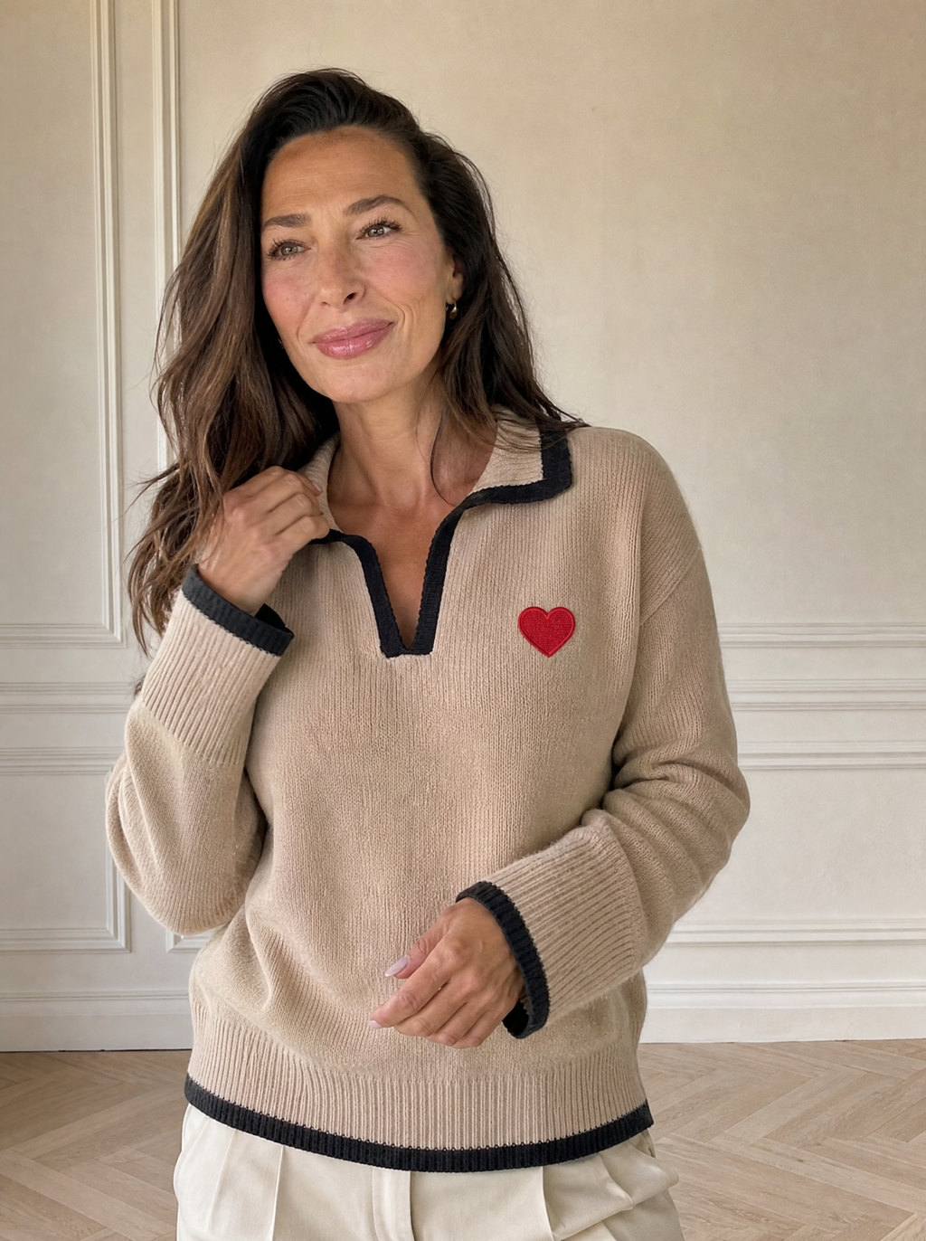 Contrast Trim Heart Embroidered Polo Collar Sweater - front