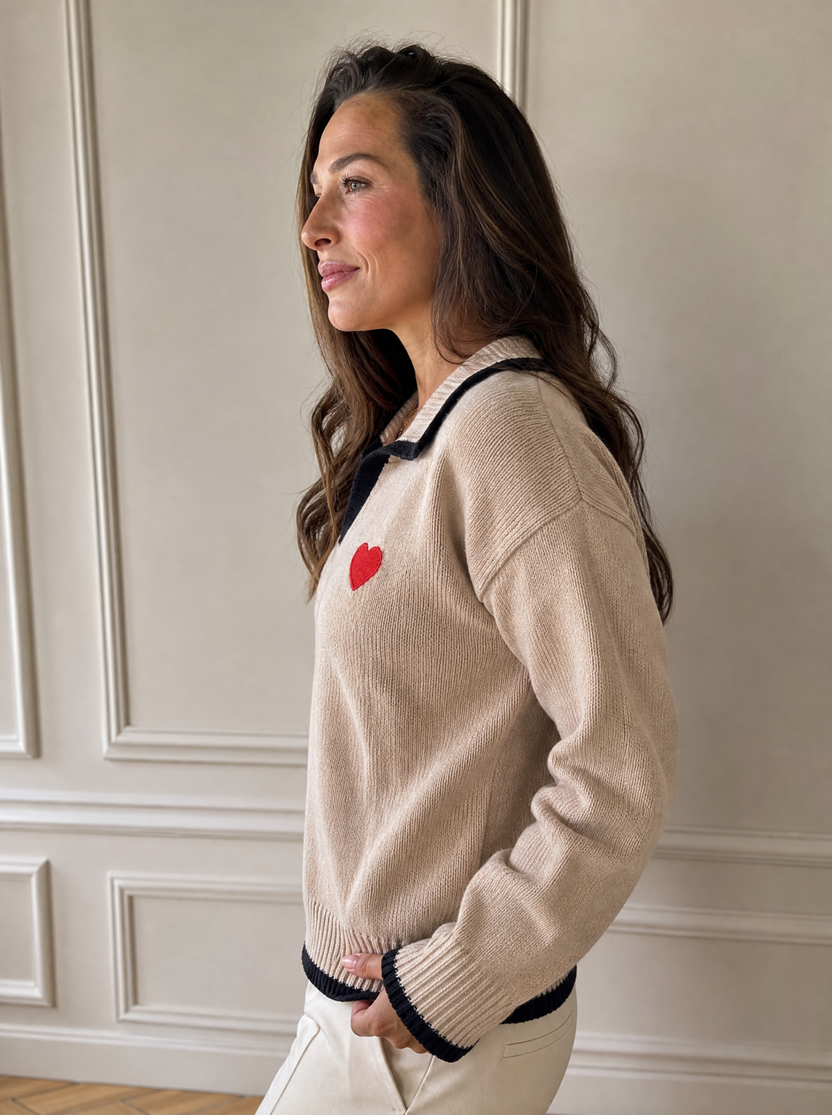 Contrast Trim Heart Embroidered Polo Collar Sweater - side