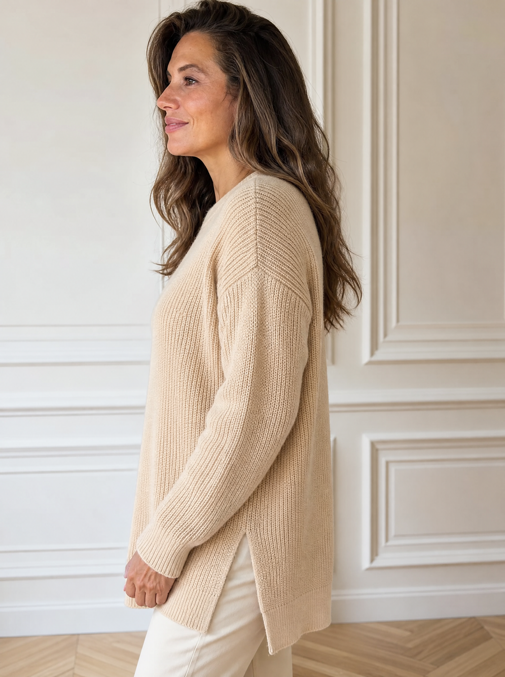 Side-Slit Dropped Shoulder Sweater - side