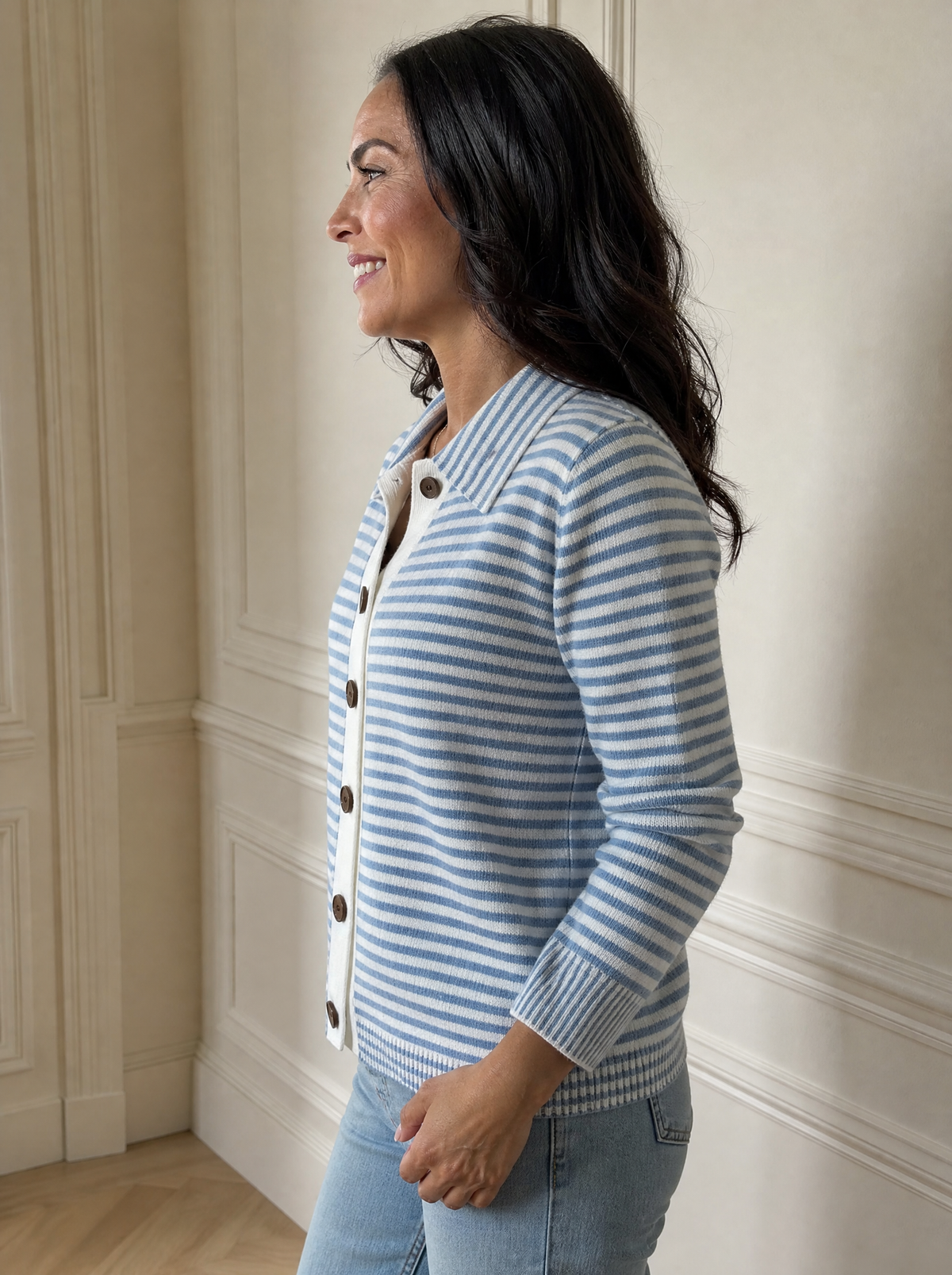 Striped Collared Button-Down Knit Cardigan - side