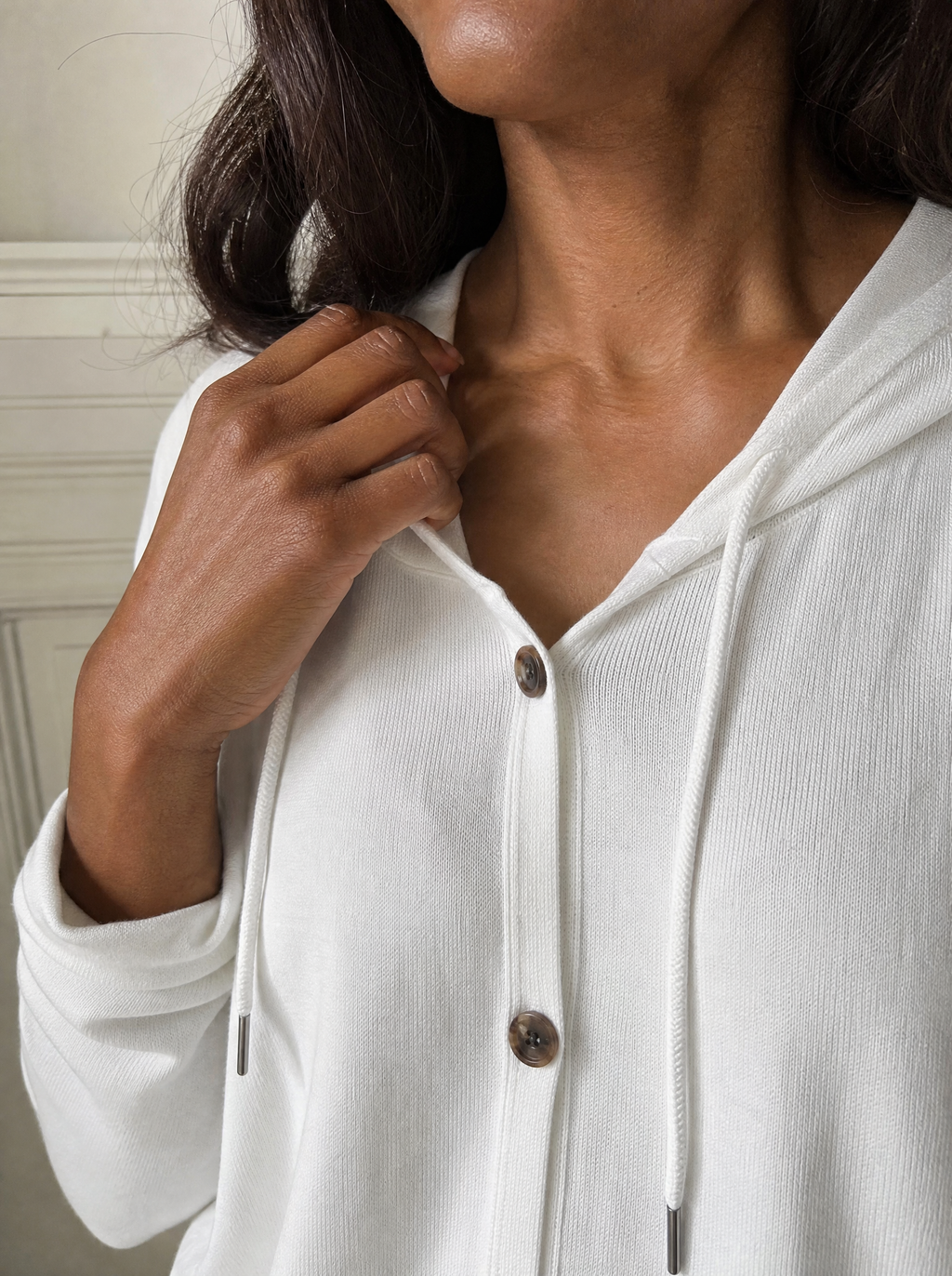 Drawstring Button Down Hooded Cardigan - detail