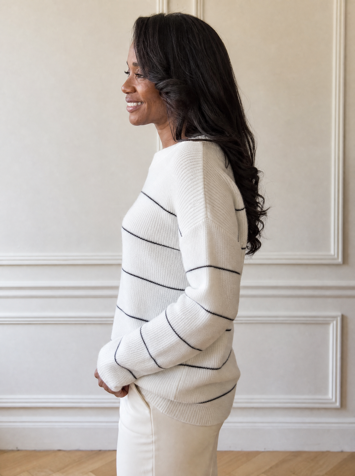 Striped Crew Neck Dropped Shoulder Sweater - side