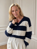 V-Neck Striped Cable Knit Sweater - front