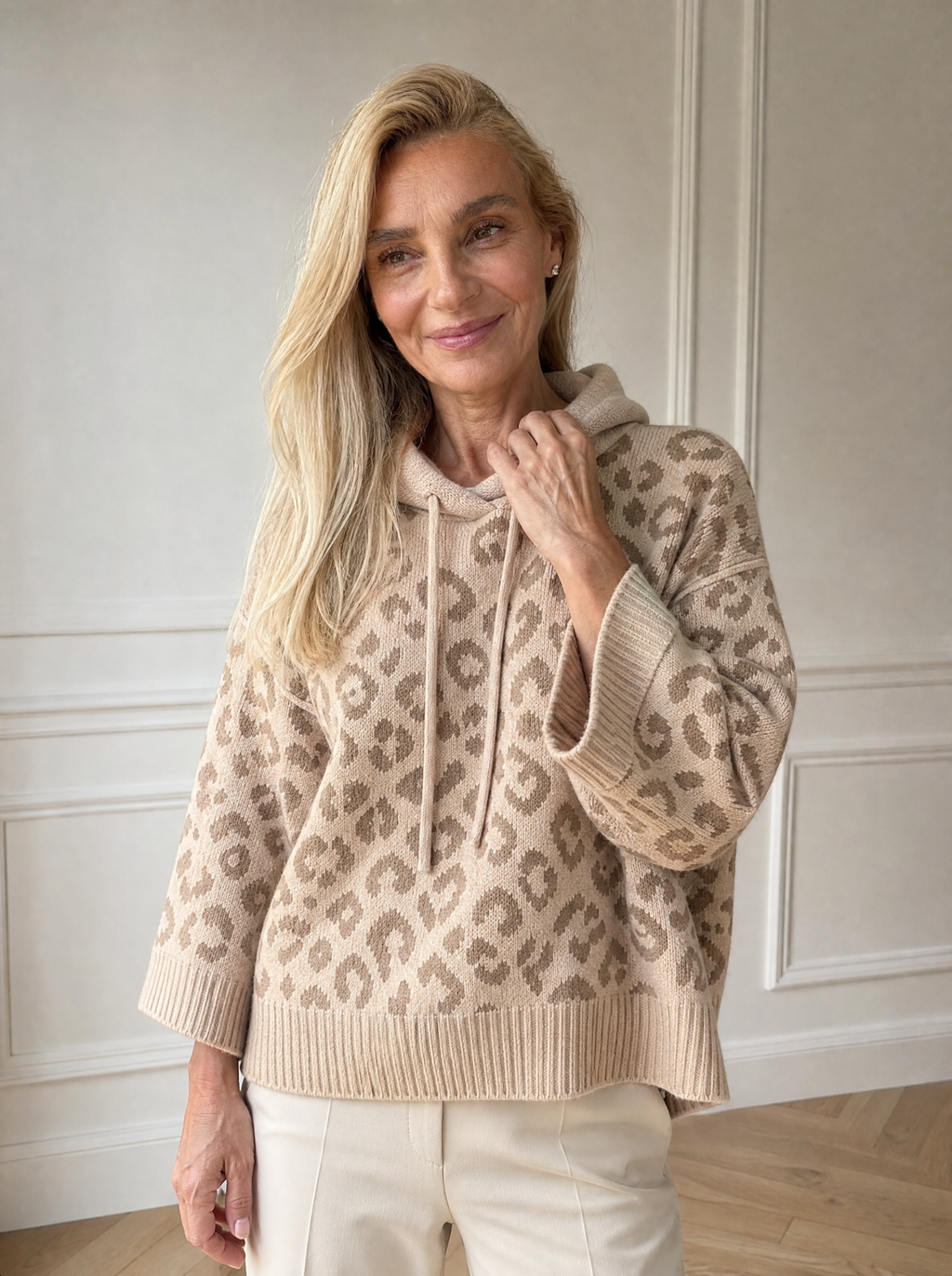Leopard Print Hooded Knit Sweater - front