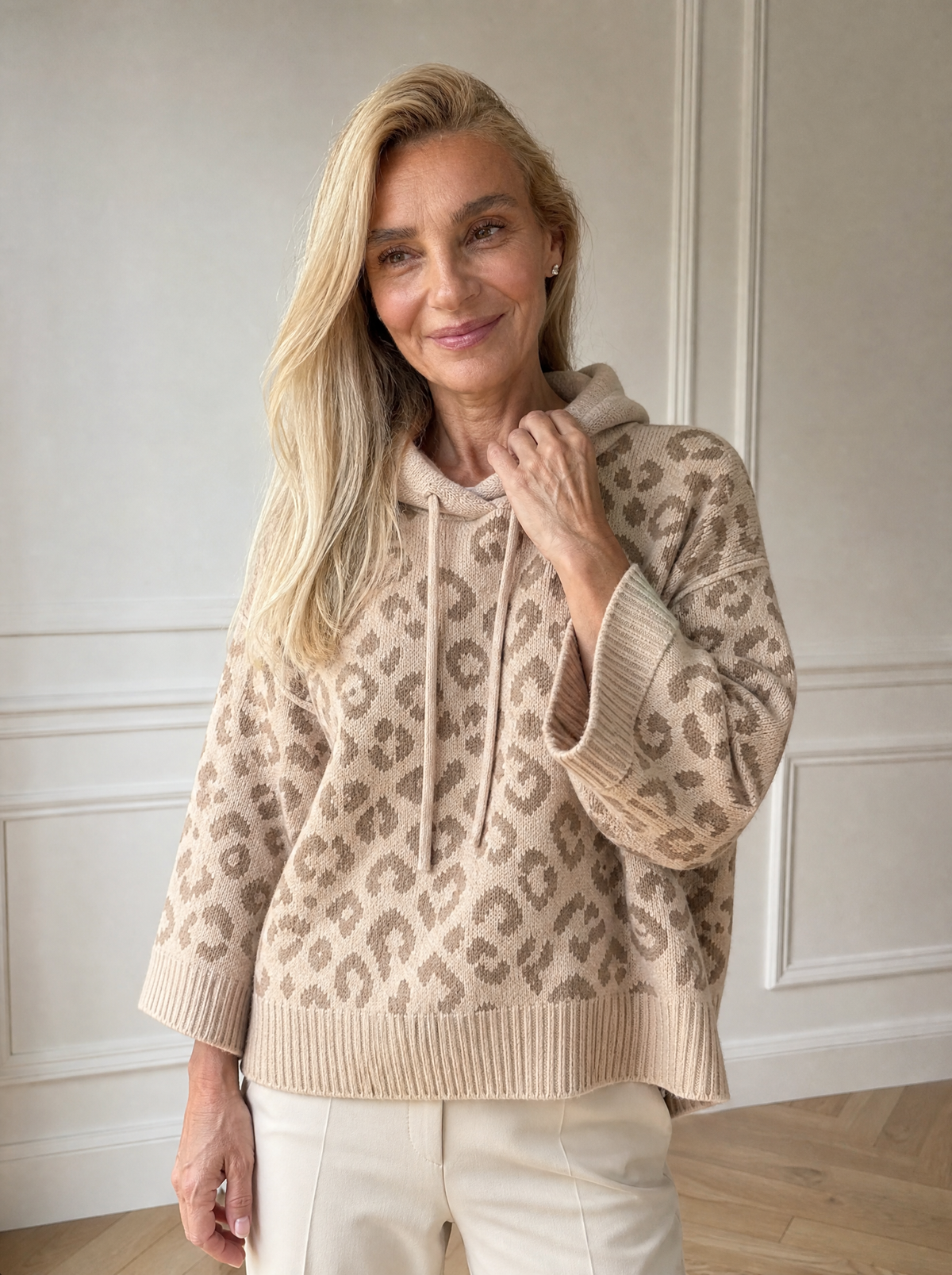 Leopard Print Hooded Knit Sweater - front