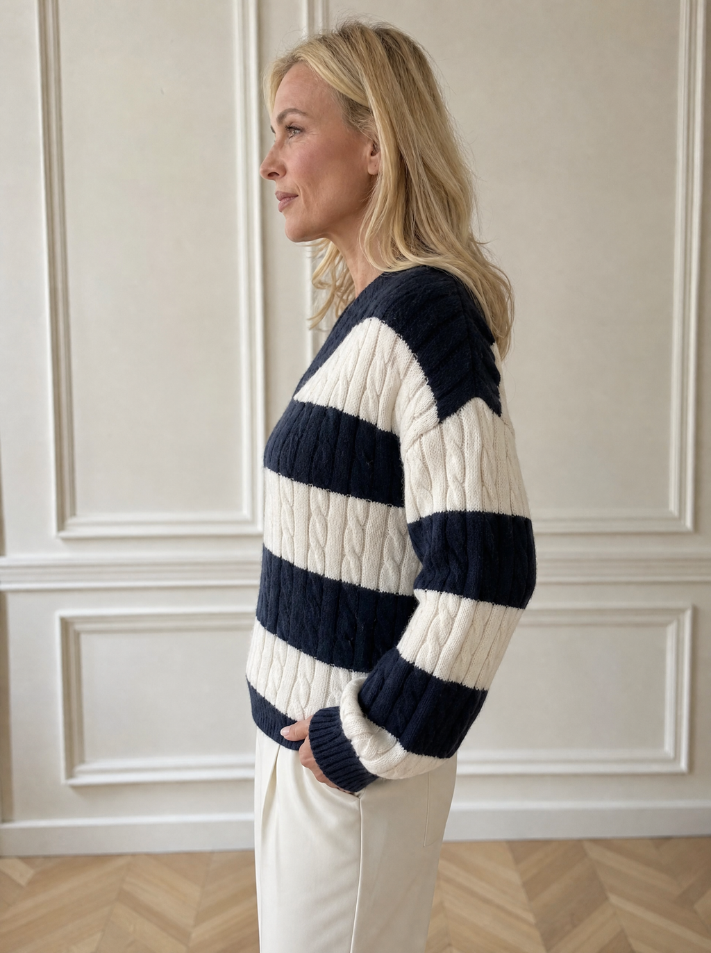 V-Neck Striped Cable Knit Sweater - side