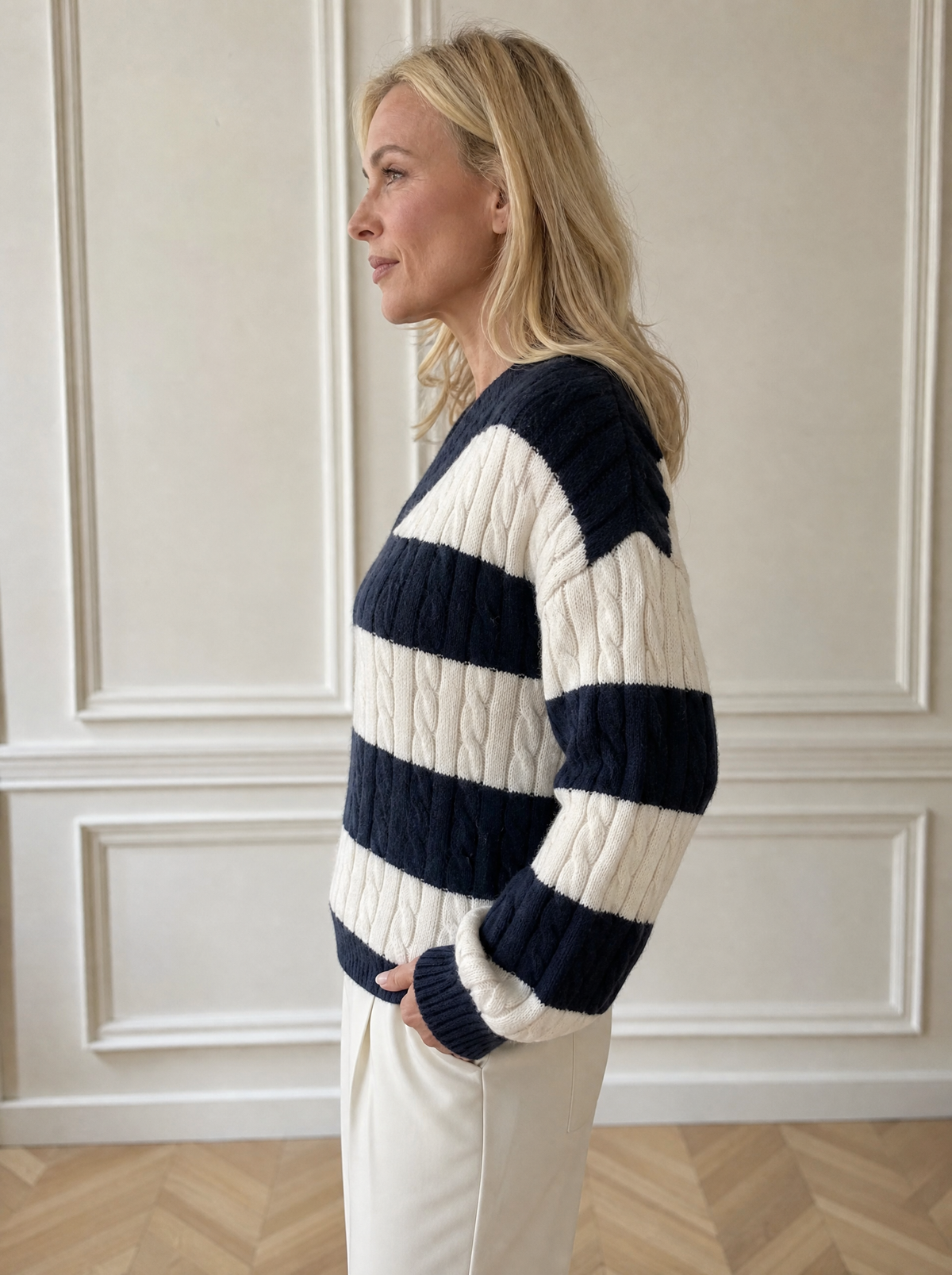 V-Neck Striped Cable Knit Sweater - side
