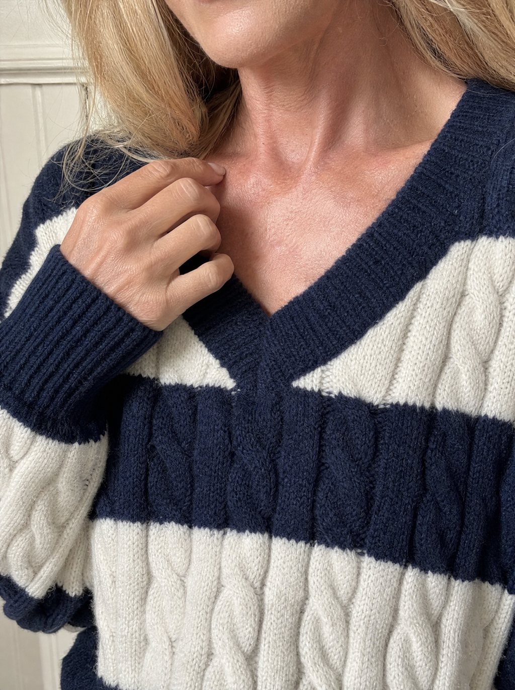 V-Neck Striped Cable Knit Sweater - detail