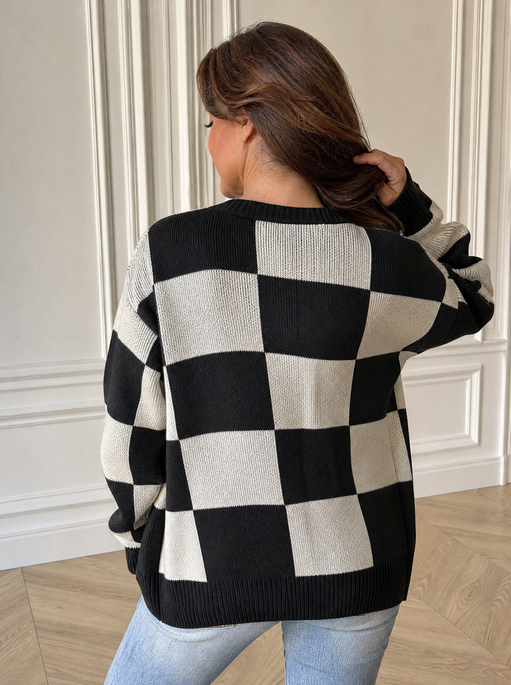 Checkerboard Pattern Open Front Knit Cardigan - back