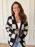 Checkerboard Pattern Open Front Knit Cardigan - front