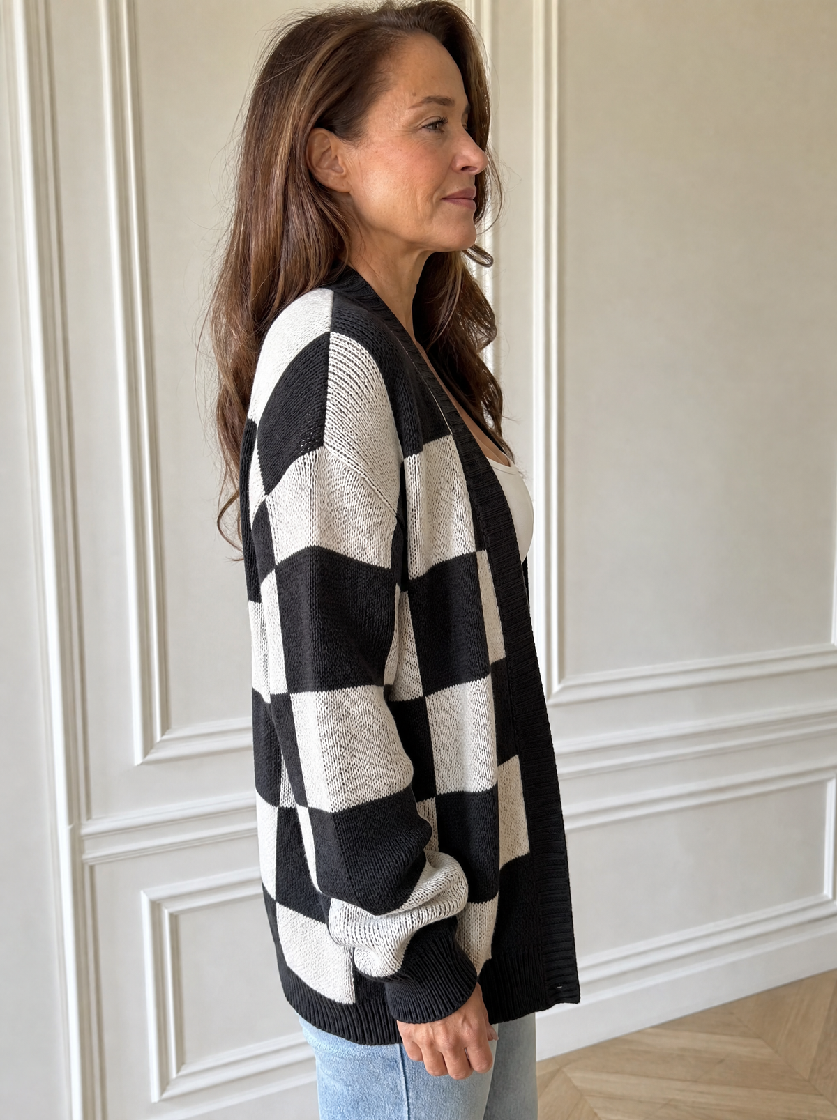 Checkerboard Pattern Open Front Knit Cardigan - side