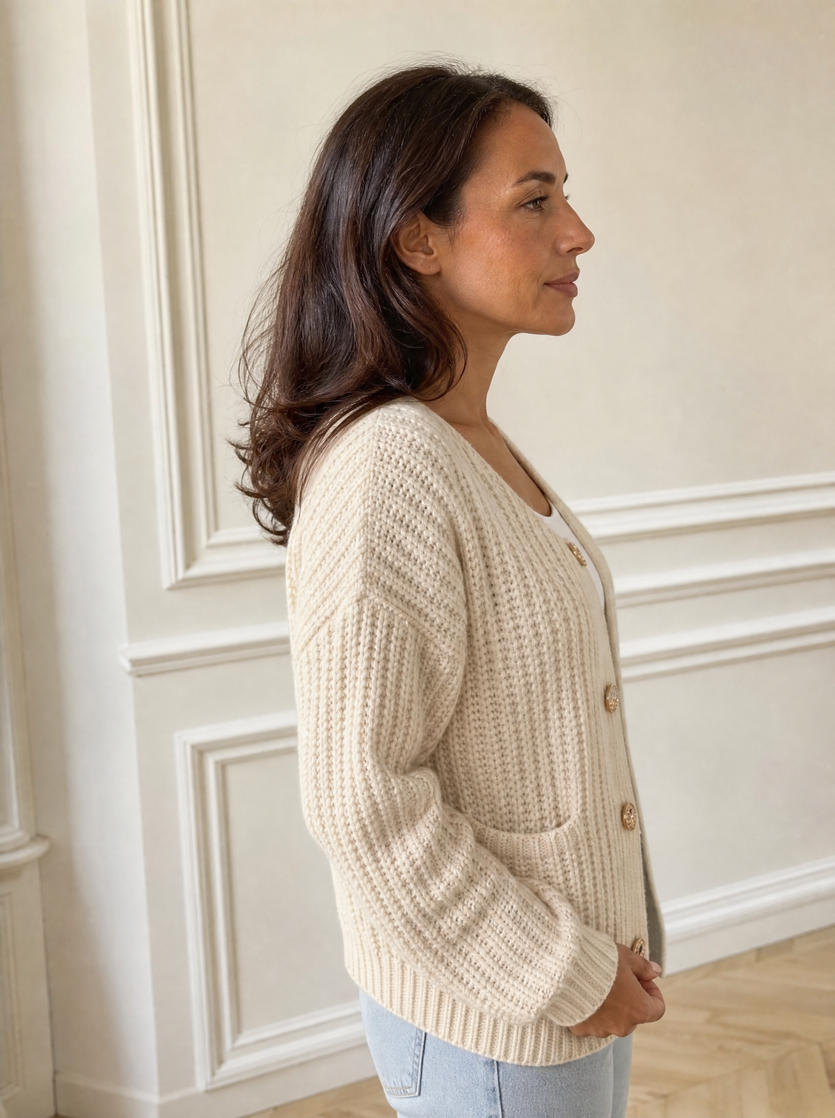 Ribbed Knit Cardigan with Gold-Tone Buttons - side