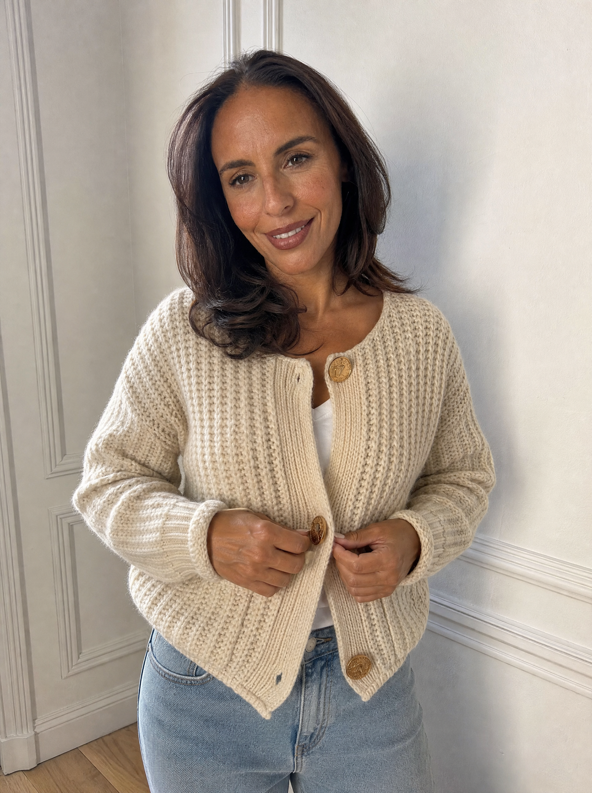 Ribbed Knit Cardigan with Gold-Tone Buttons - front