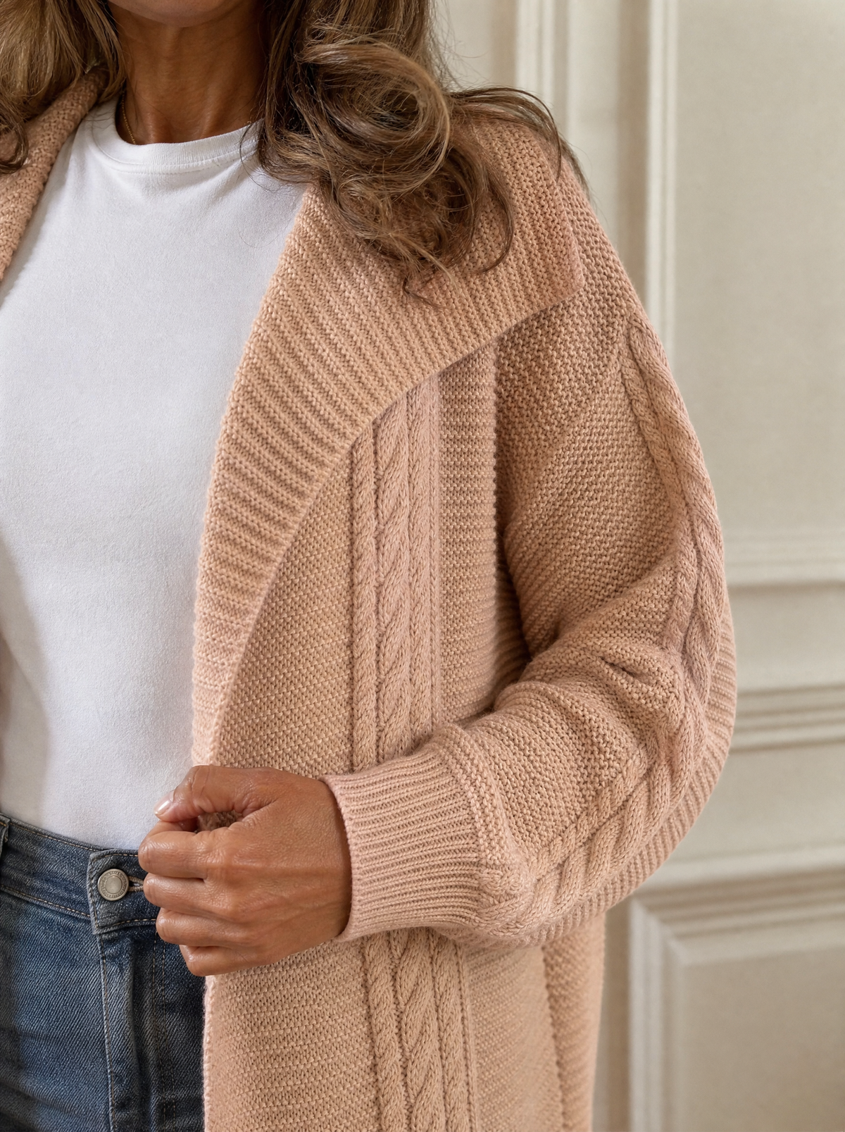 Cable-Knit Open-Front Longline Cardigan - detail