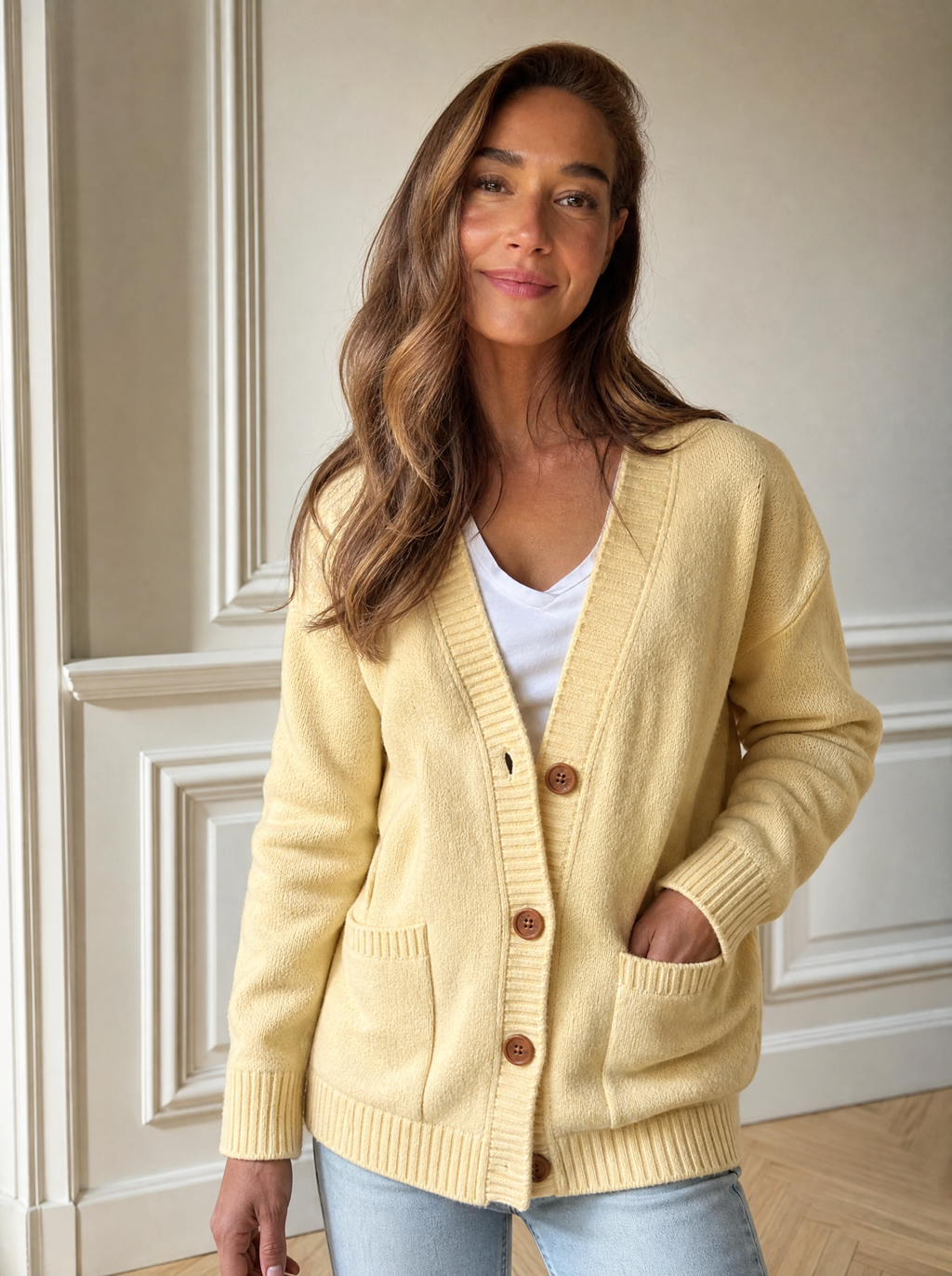 Casual V-Neck Button-Down Knit Cardigan with Pockets - front