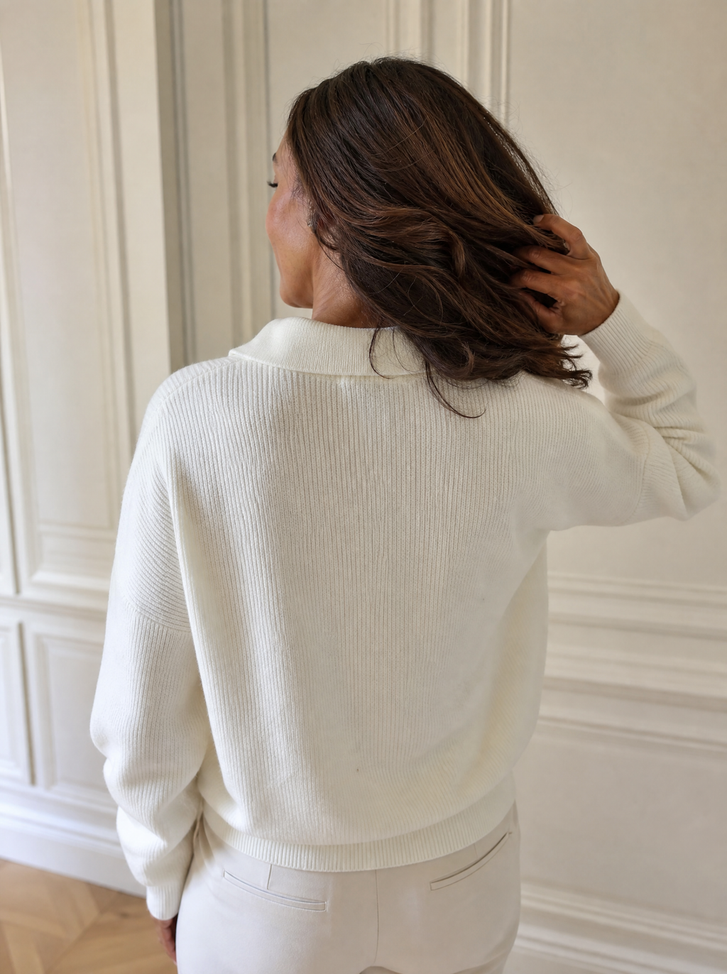 Ribbed Knit Polo Collar Sweater - back