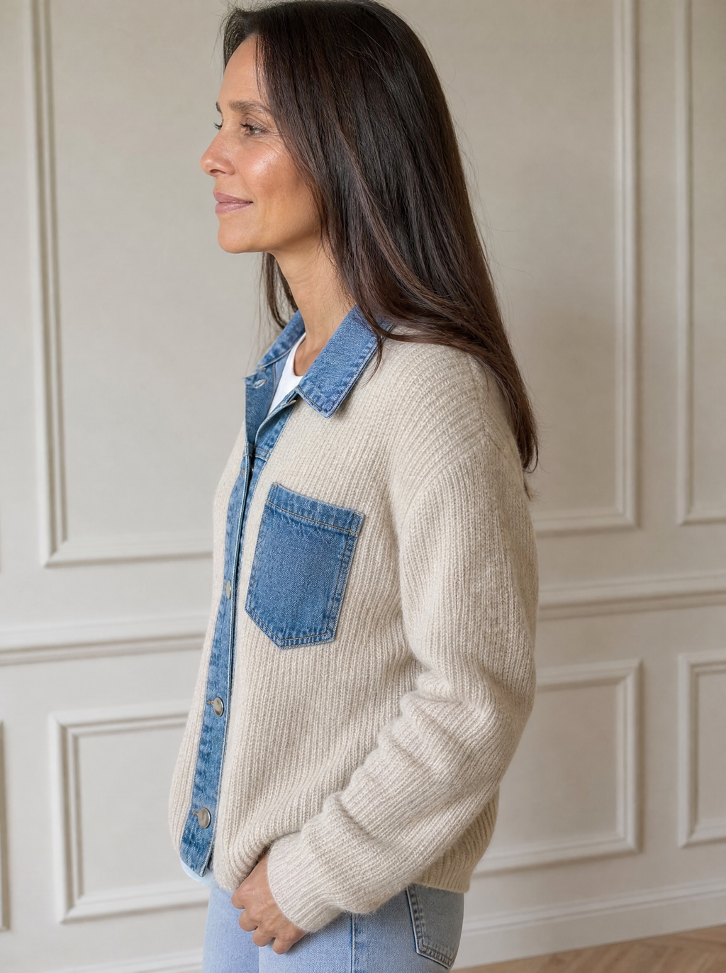 Denim Trim Button Up Cardigan - side