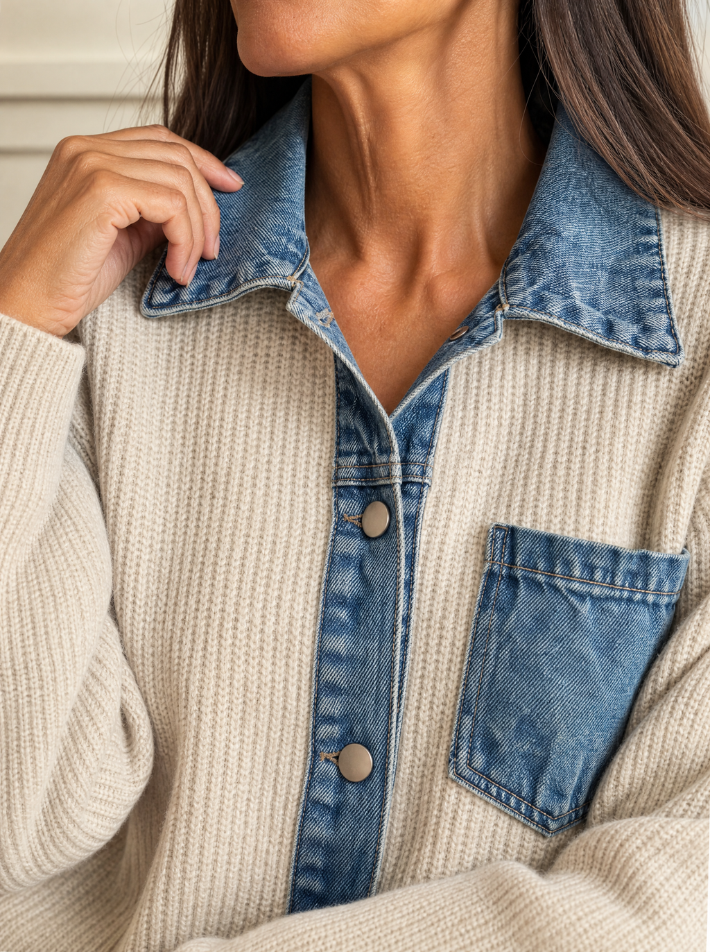 Denim Trim Button Up Cardigan - detail