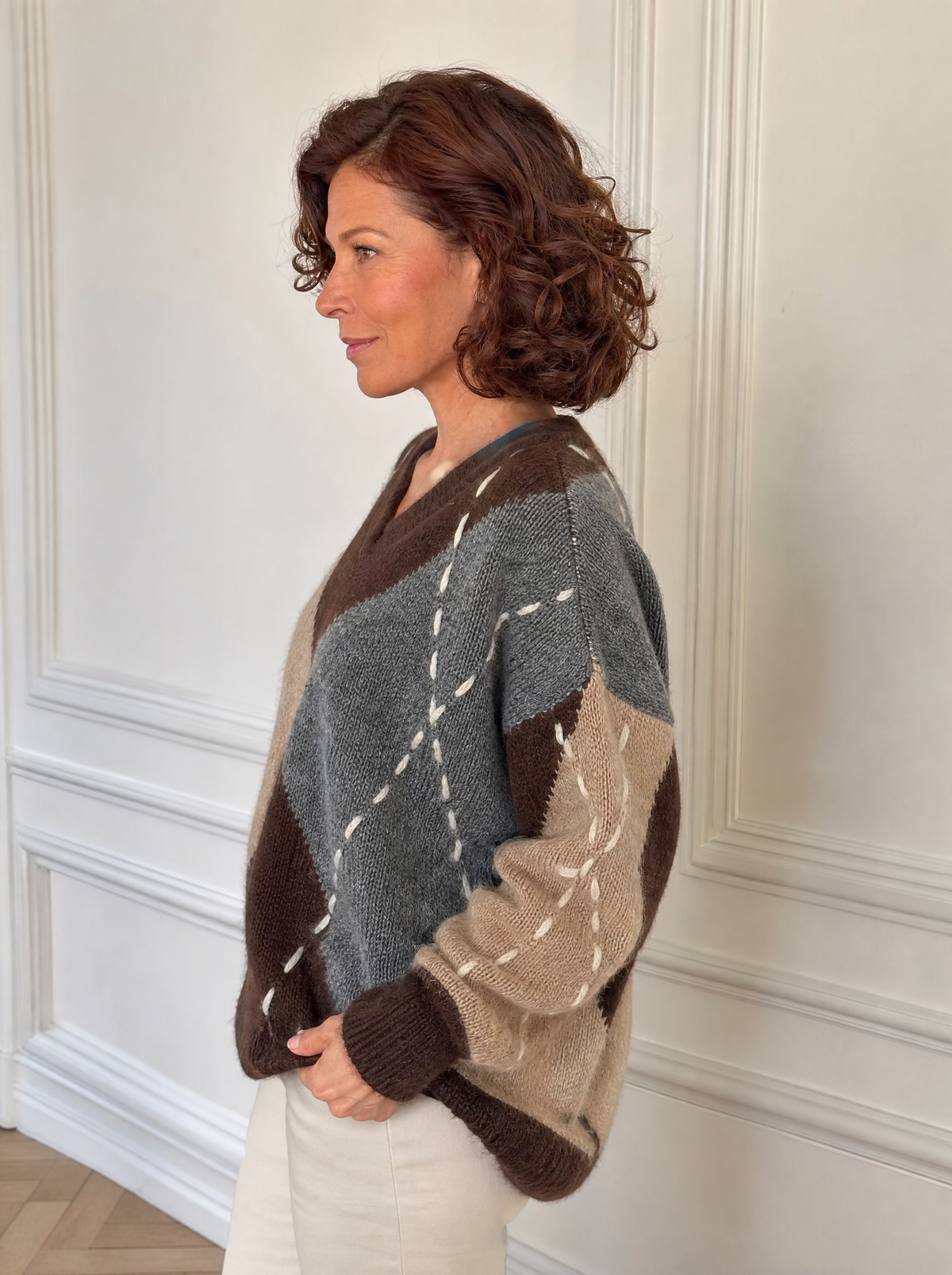 Argyle Pattern V-Neck Oversized Sweater - side
