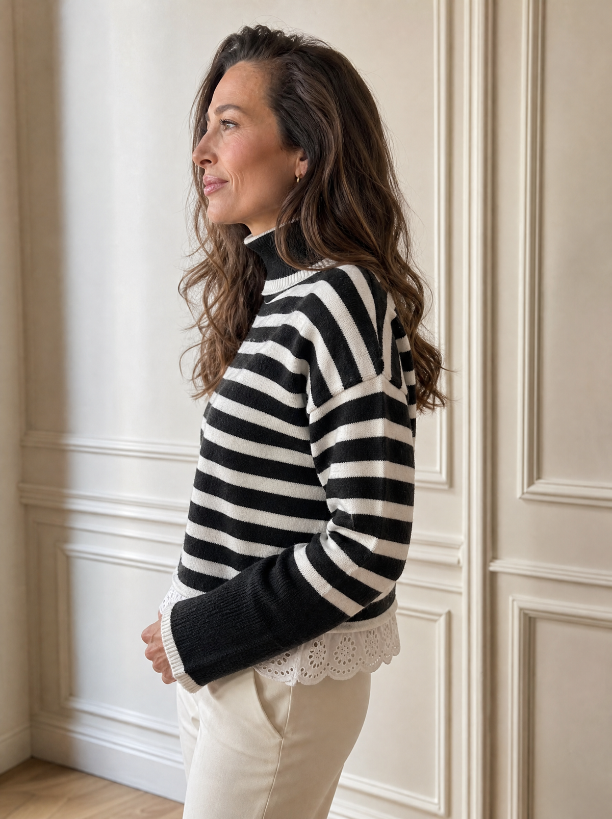 Striped High Neck Contrast Ruffle Detail Casual Sweater - side