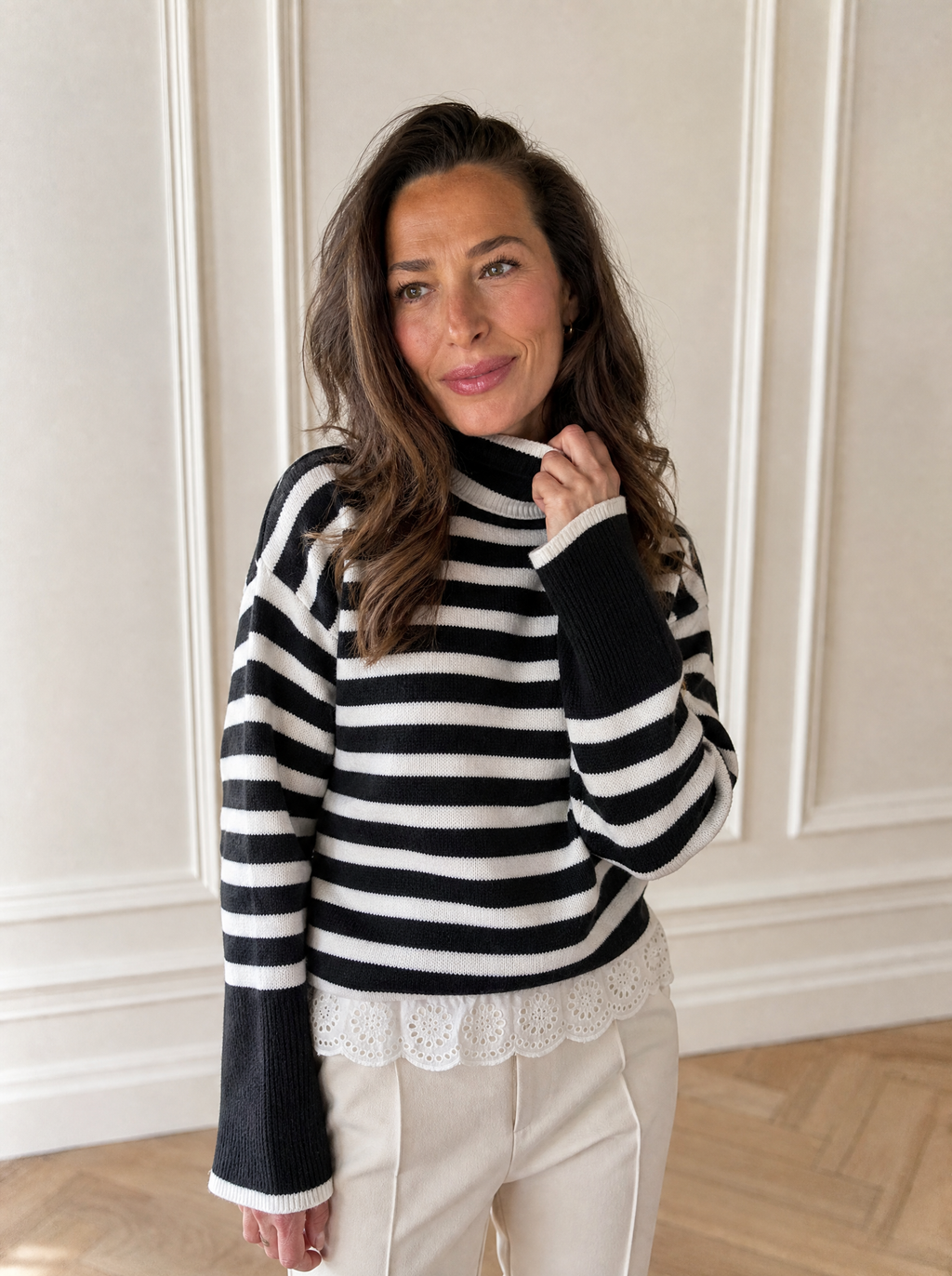 Striped High Neck Contrast Ruffle Detail Casual Sweater - front