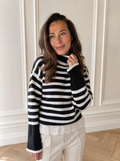 Striped High Neck Contrast Ruffle Detail Casual Sweater - front