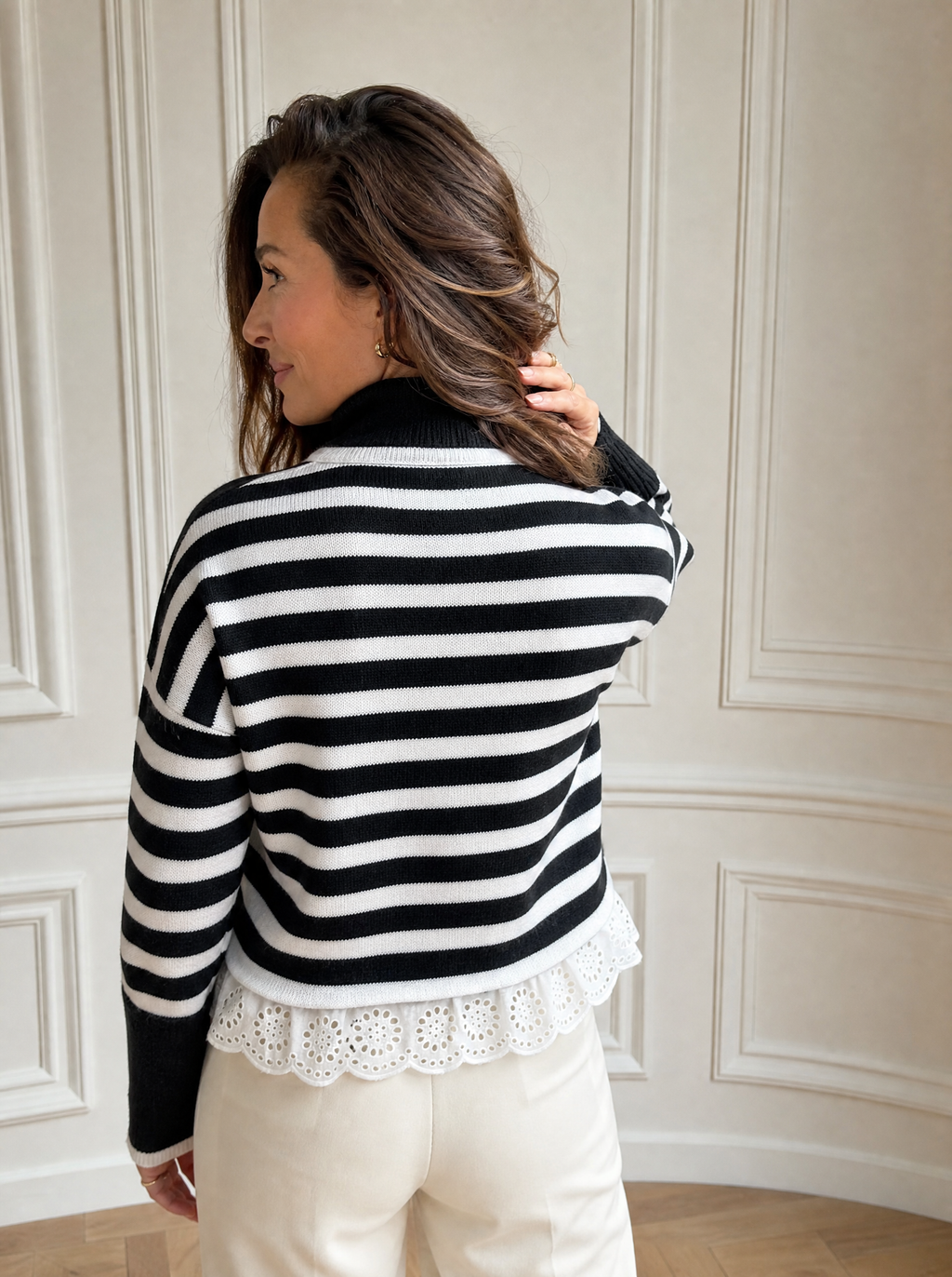 Striped High Neck Contrast Ruffle Detail Casual Sweater - back