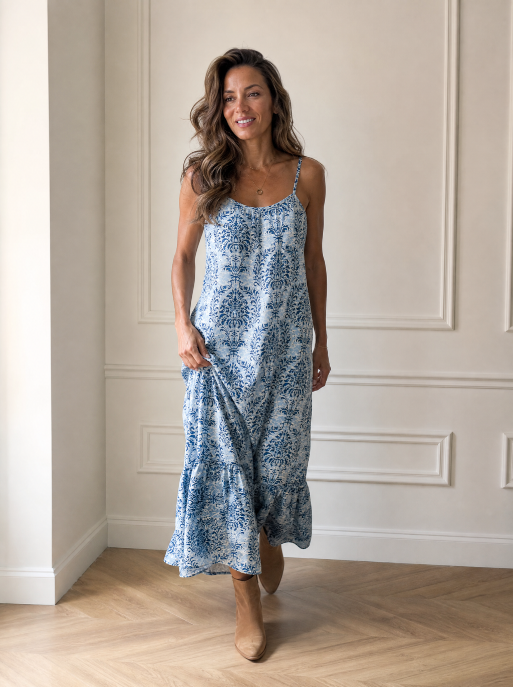 Plus Size Bohemian Spaghetti Strap Damask Print Maxi Beach Dress - front