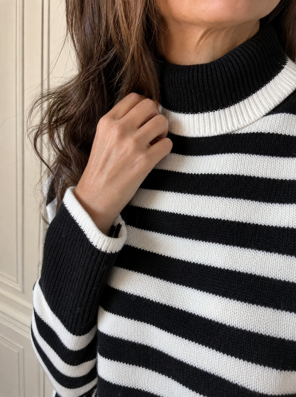 Striped High Neck Contrast Ruffle Detail Casual Sweater - detail
