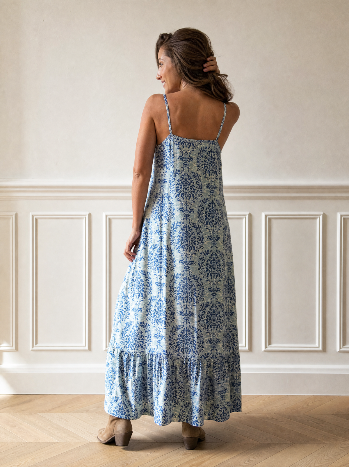 Plus Size Bohemian Spaghetti Strap Damask Print Maxi Beach Dress - back