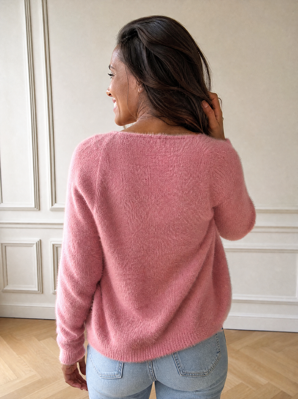 Soft Fuzzy V-Neck Button-Down Cardigan - back