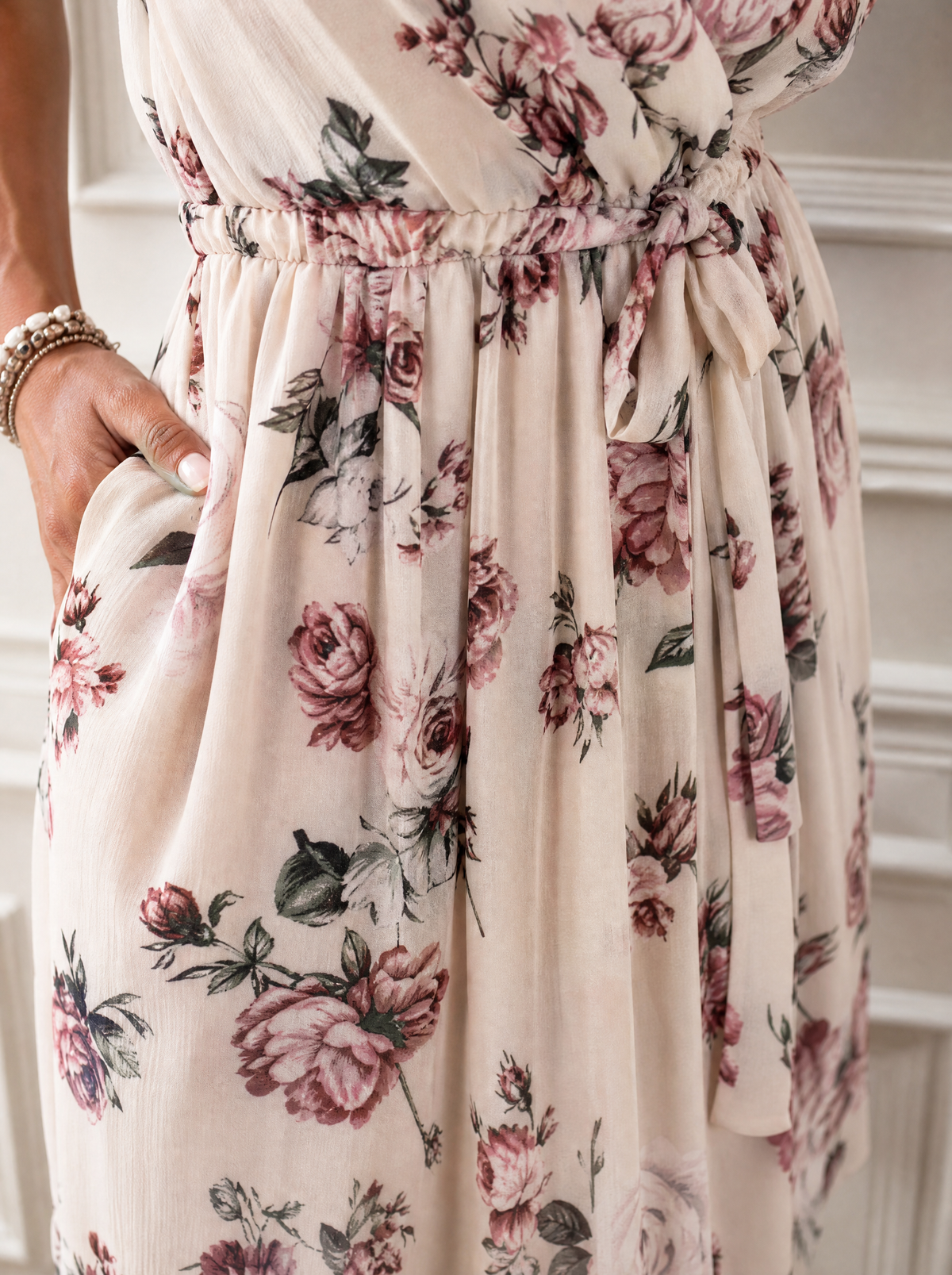 Floral Surplice Ruffled Cap Sleeve Dress - detail