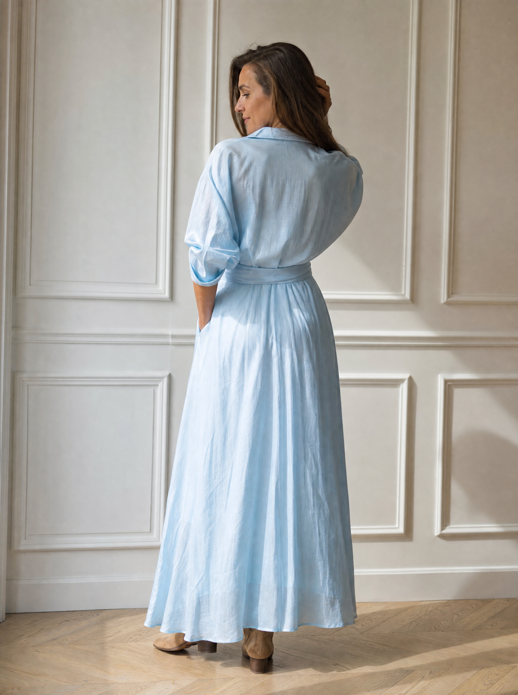 Shirt Maxi Dress with Waist-Defining Sash - back