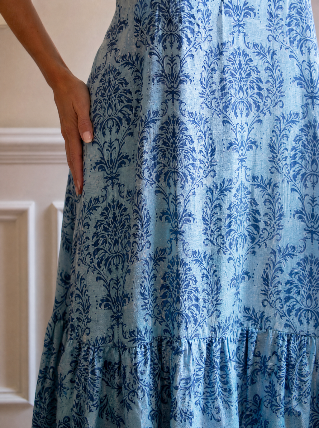 Plus Size Bohemian Spaghetti Strap Damask Print Maxi Beach Dress - detail